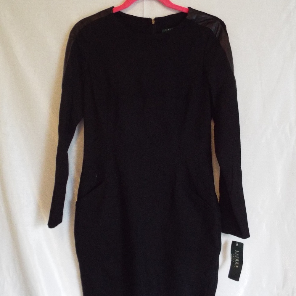 Ralph Lauren Long Sleeve Leather-Trim Dress